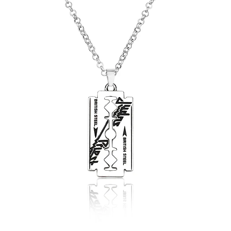 Hip Hop Rock Band Judas Priest Blade Razor Shape Pendant Necklace Long Chain Men Metal Necklace