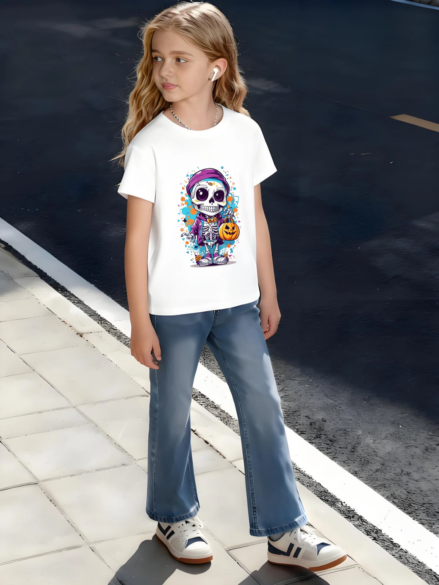 ​ تي شيرت قطني للأطفال بهيكل عظمي للهالوين باللون الأرجواني مع ملحقات فانوس اليقطين للأولاد والبنات والحفلات المخيفة