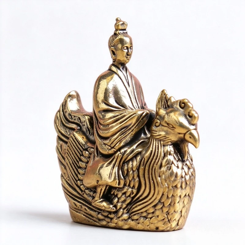 Brass Ancient Oriental Figure Riding Mythical Bird Figurine, Retro Metal Statue, Desktop Tea Pet Ornament for Home Decor
