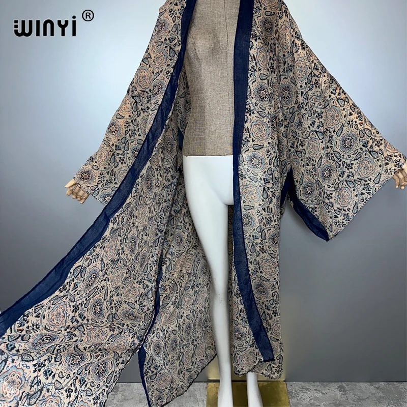 WINYI bohemian พิมพ์กิโมโน elegant kaftan beachwear maxi เสื้อสเวตเตอร์ถักชุดยาว abaya ดูไบหรูหรา cover-ups ชุดชายหาดผู้หญิง