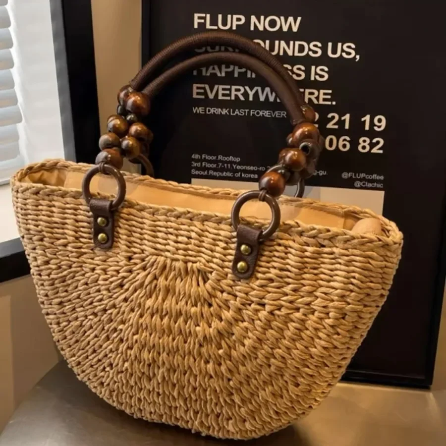 

Wooden Beaded Handle Women Handbag Half Moon Beach Bags for Women Bohemian Woven Straw Bag Summer Shoulder Bag Travel Shopper