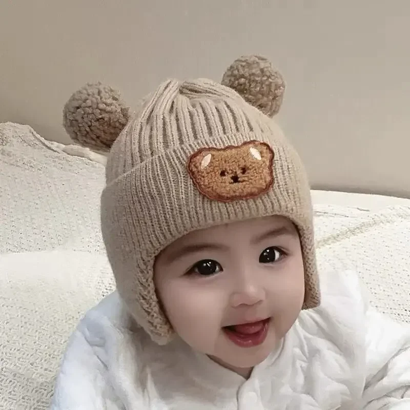 Baby\'s Cartoon Bear Beanie Caps Cute Ear Protection Earmuffs Knitted Bonnet Hat Girls Korean Winter Warm Infant Crochet Hats