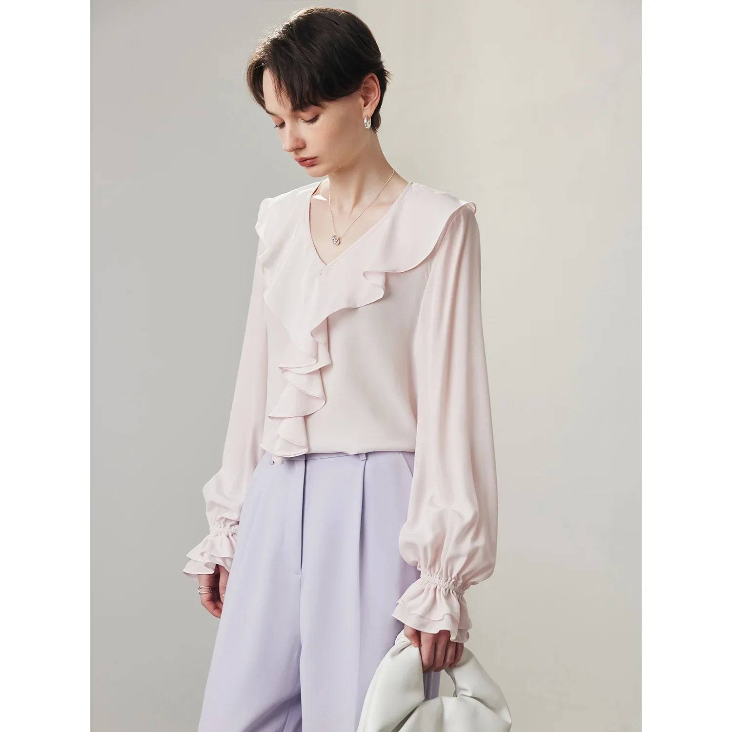 Sand Washed 100% Mulberry Silk Blouses Top Fairy Trumpet Long Sleeve Ruffled Shirts Tops Casual V Neck Office Lady Loose Shirt