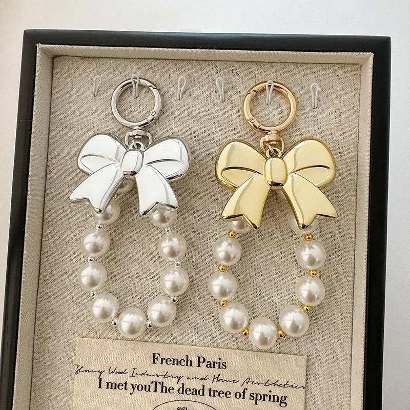 Ins Style Fashion Bowknot Pearl Beaded Key Chain Phone Pendant Headphone Case Charm Bag Decor Car Key Ring image 2