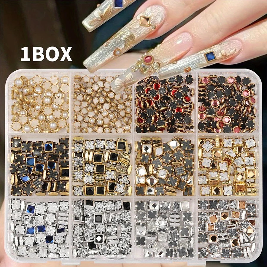 

12 Grids Nail Art Decoration Mixed Shape 3D Nail Charms Punk Metal With Gem Rhinestones Flat Bottom Gold Crystal Decoration Set