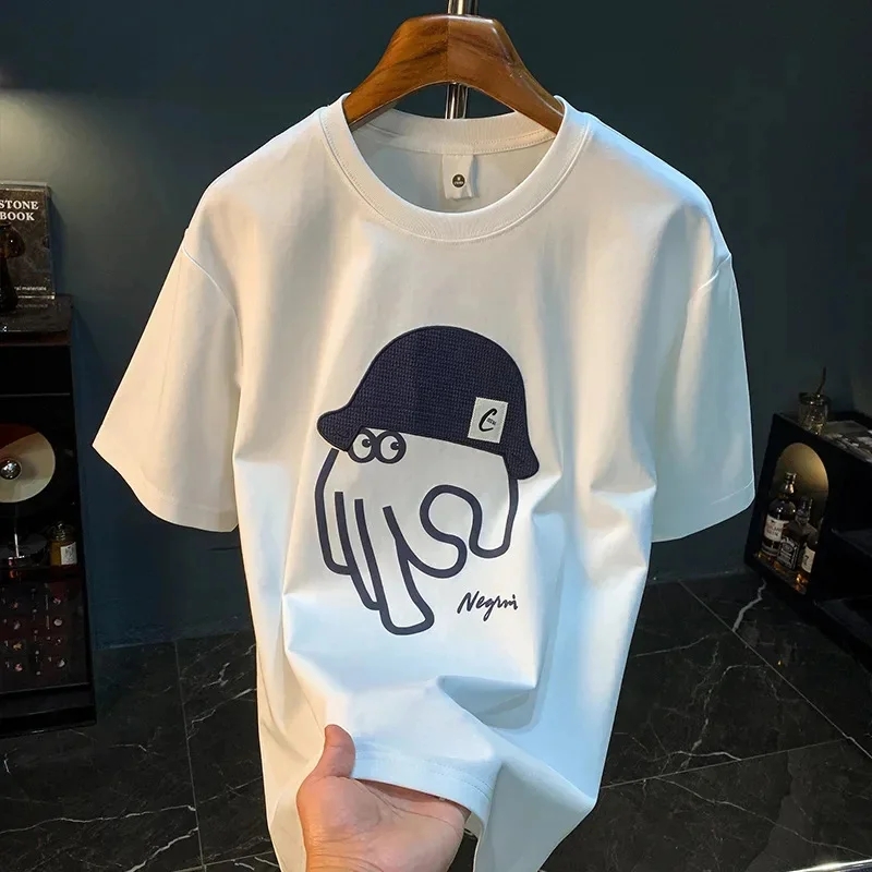 Summer printed embroidered T-shirt men's high-end fashion trend loose breathable versatile short sleeved top