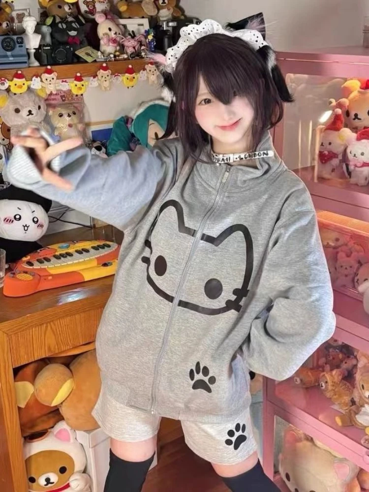 

QWEEK Sweet Kawaii Zip Up Hoodie Women Japanese Harajuku Preppy Style Y2k Zipper Cute Cartoon Print Sweatshirt 2024 Autumn