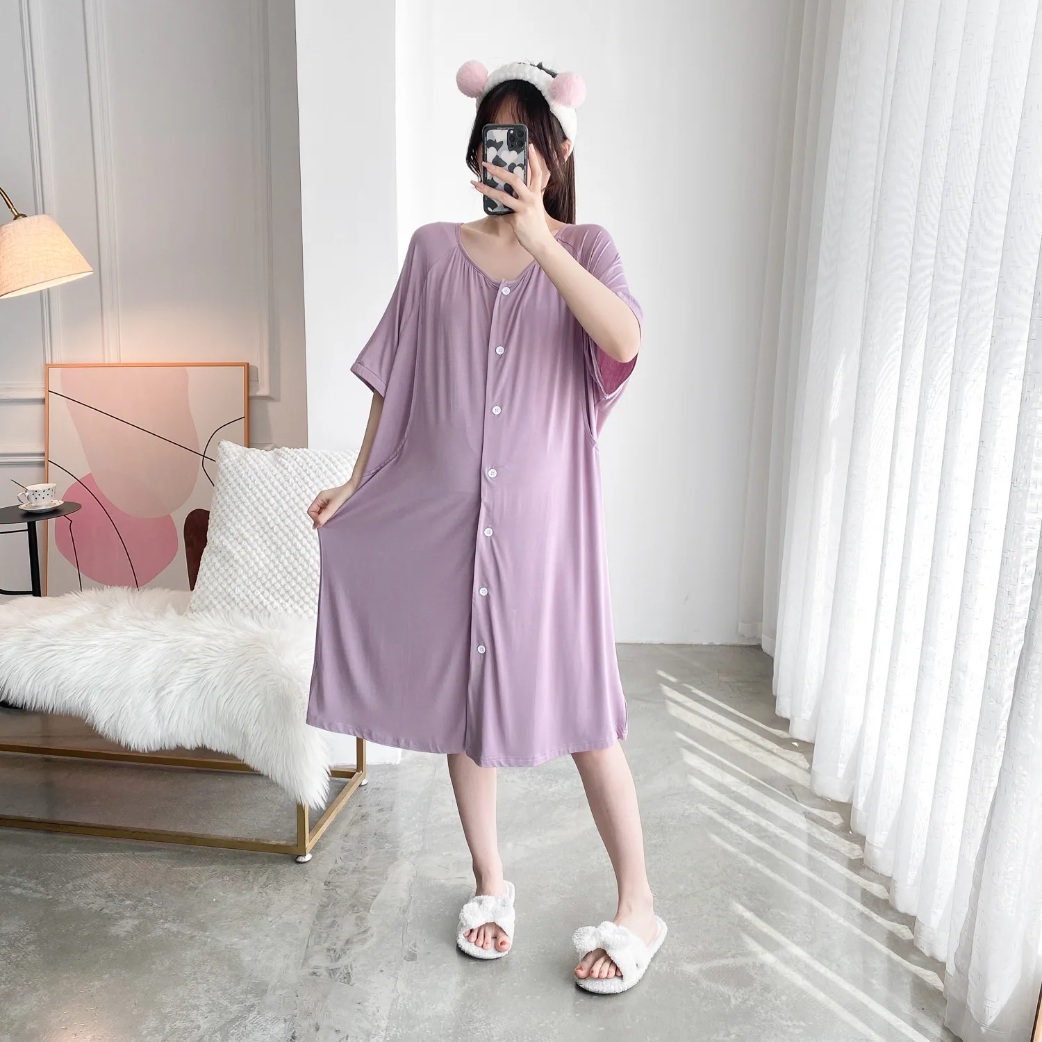 Women\'s 100% Cotton Nightgowns Button Down Nursing Pajamas Nightshirt Pregnant Woman Sleepshirt Pajama Dress Casual Nightdress