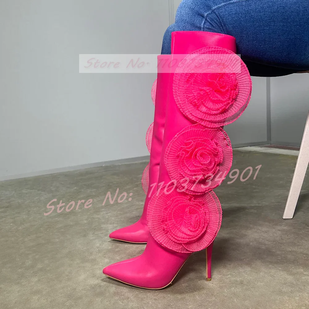 Flor malha botas altas moda feminina sexy grande rosa lado zíper apontou toe sapatos de salto alto feminino elegante festa botas de noite