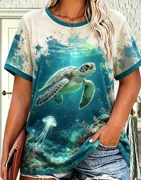 Women Oriental Chinese Dragon Lotus Ink Wash Art Print Ringer T‑Shirt Vintage Streetwear O‑Neck Short Sleeve Casual Tops