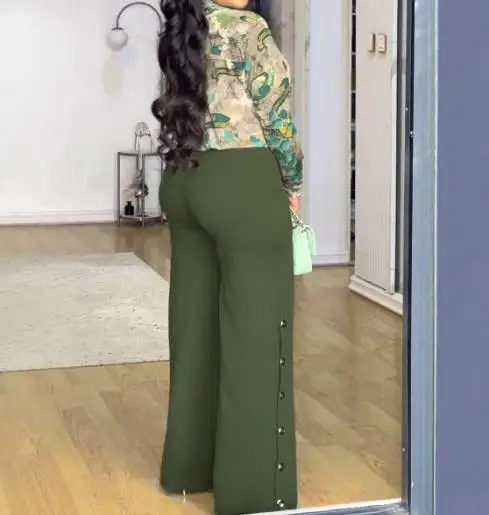 2피스 세트 여성 의류 2025 우아한 프린트 브이넥 셔츠 와이드 레그 팬츠 세트