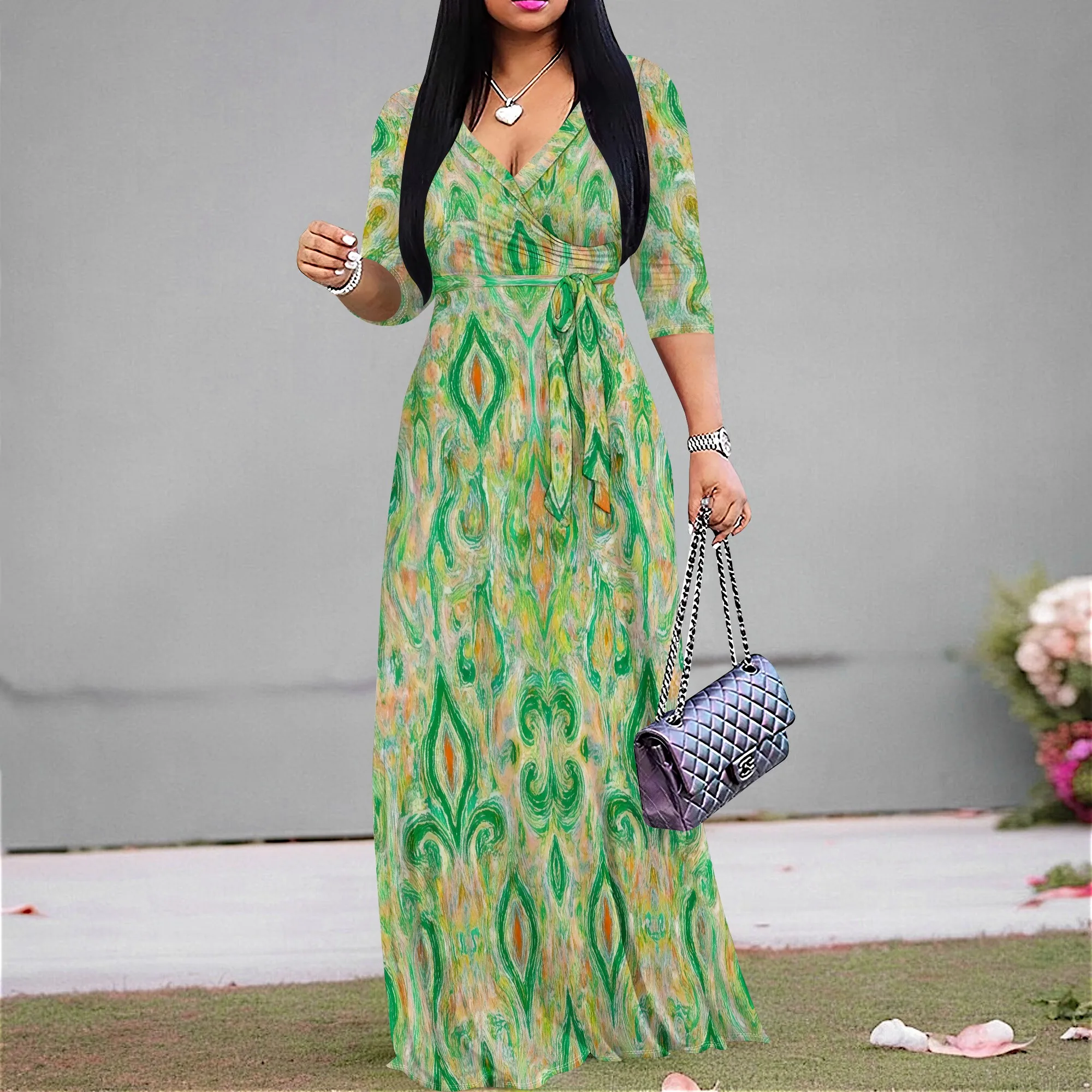 

Women's Boho Abstract Print Maxi Dress Vintage V-Neck Half Sleeve A-line Dress with Belt for Vacation Wear XS-3XL