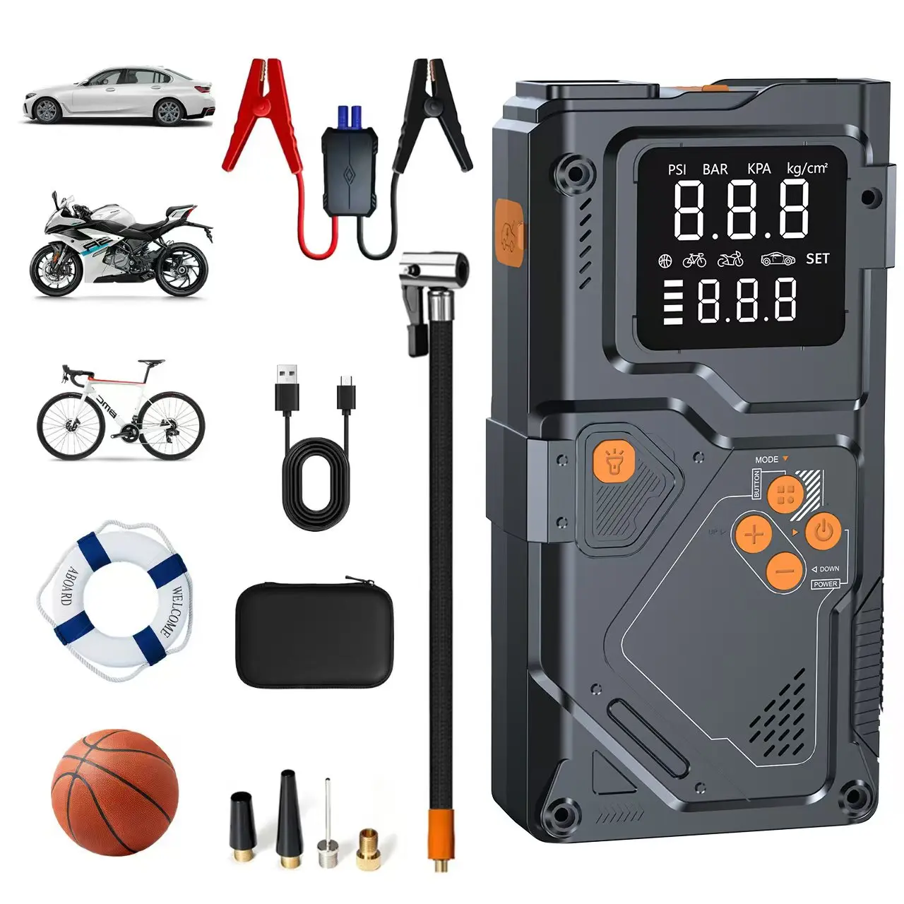 

3000A 150PSI Car Jump Starter with Air Compressor Auto Tire Inflator, Large LCD Display, LED Light, for Cars, Bike & Motorcycle