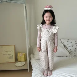 Childrens Clothing Set 2024 Autumn New Childrens Korean Casual Floral Overalls Lace Solid Color Shirt Cute Two-piece Set