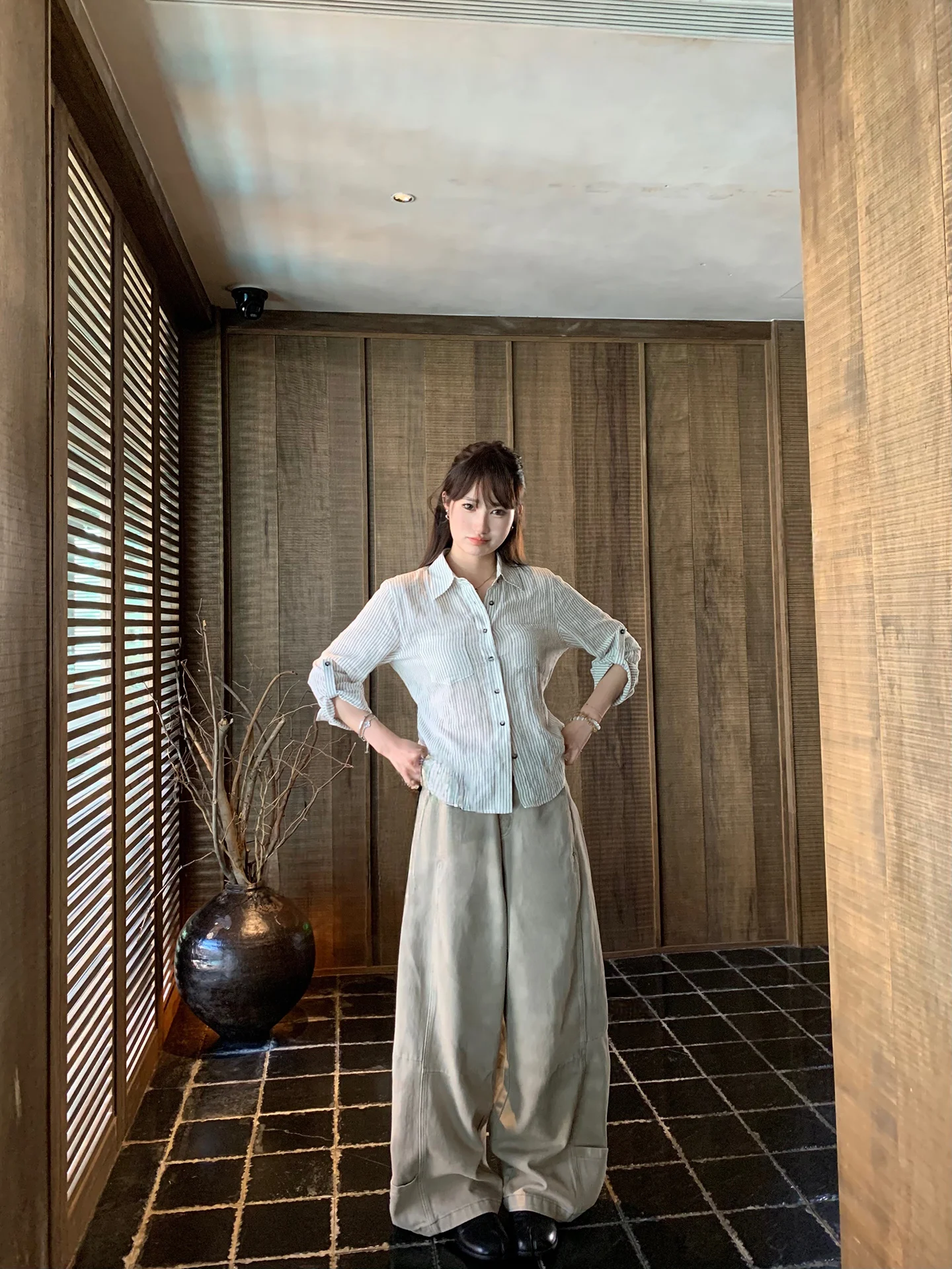 

White Studio Loose Straight Leg Casual Pants Khaki Denim Women's Workwear Trousers High Waist Cotton Pure Color Spring Season