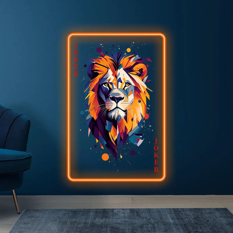 Arte de pared LED de neón Joker Lion: diseño geométrico vibrante con colores audazes, regalo perfecto para sala de juegos, cueva de hombre y decoración moderna