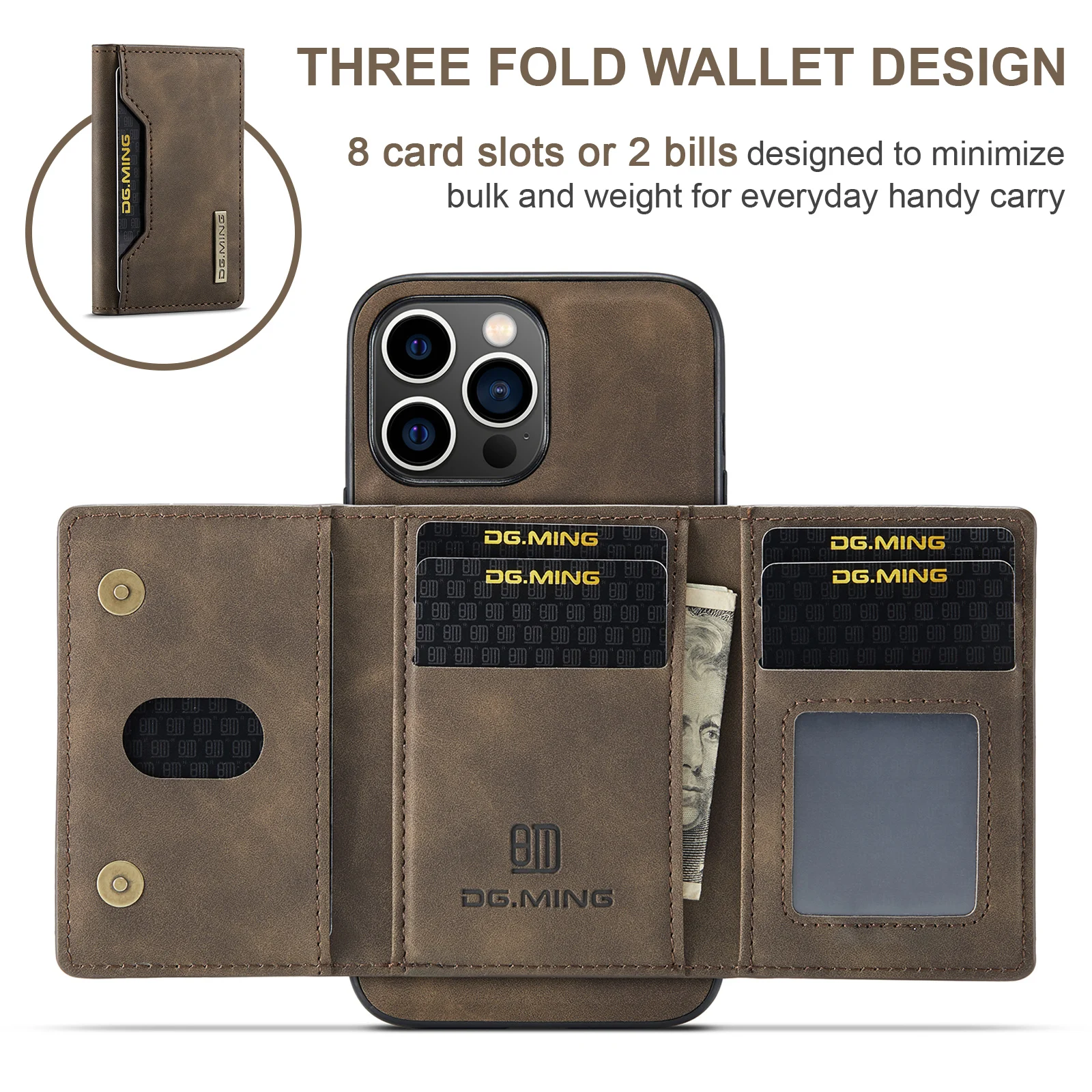 DG.MING 2In1 Detachable Wallet+Basic Case,Magnetic Leather Wallet Phone Case for iPhone 16 15 14 13 12 Pro Max Plus SE 2020-22