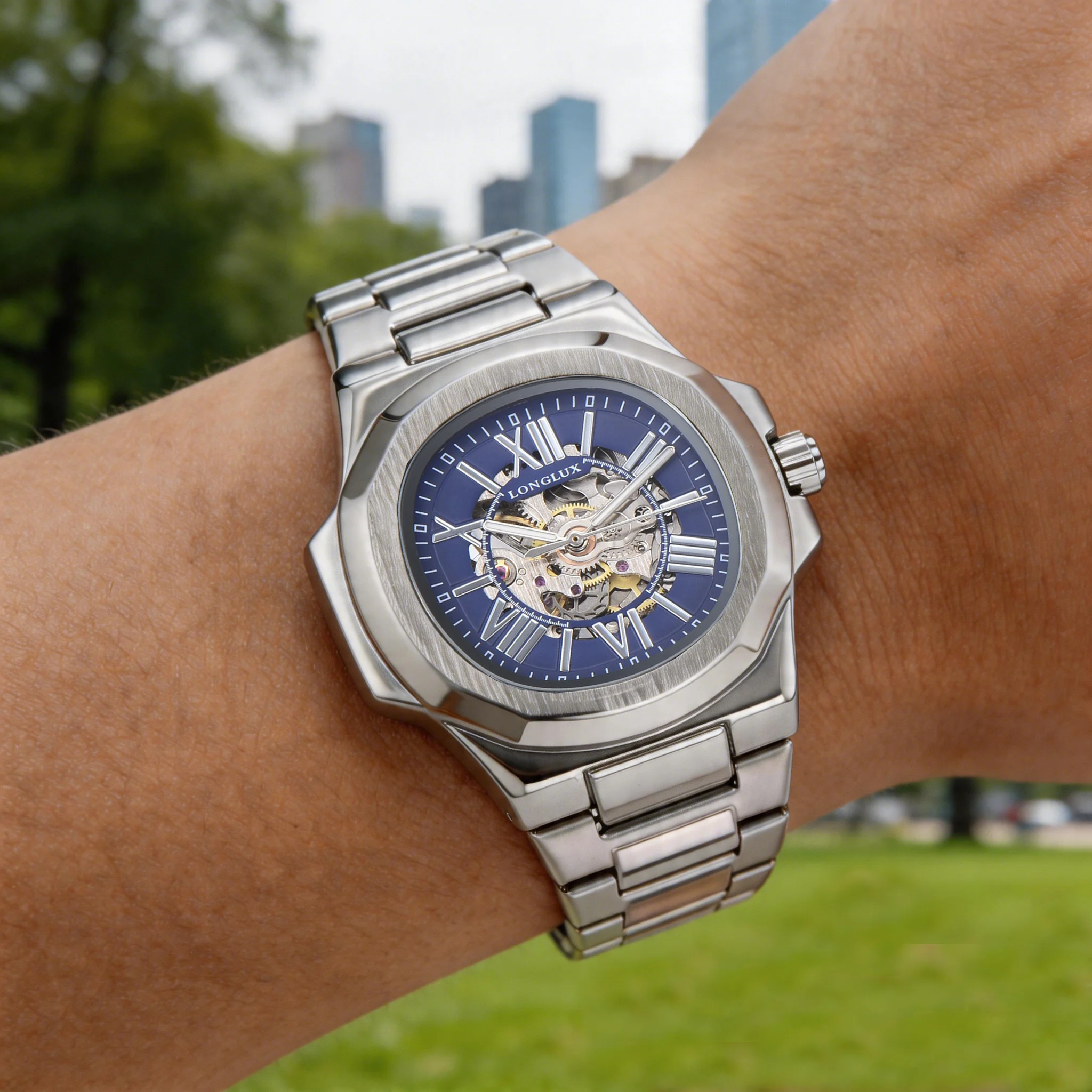 LONGLUX BESTSELLER NEUE Automatische Mechanische Herrenuhr Rom Business Wasserdicht Skelett Leuchtend Edelstahl Geschenkuhr