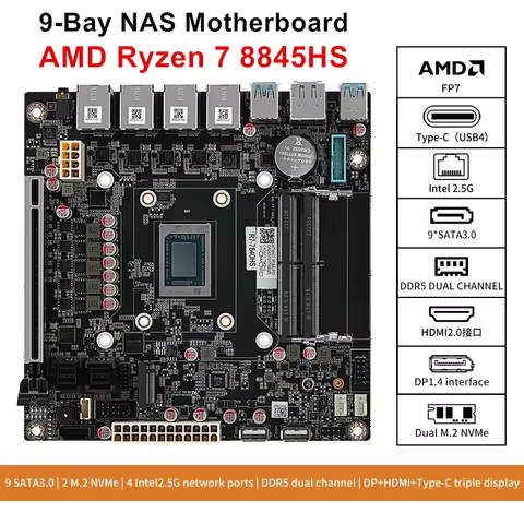 9-Bay NAS Motherboard AMD Ryzen 7 8845HS USB4 4xi226-V 2.5G LAN 9xSATA3.0 2xM.2 NVMe PCIE X16 2xDDR5 Mini ITX Firewall Mainboard
