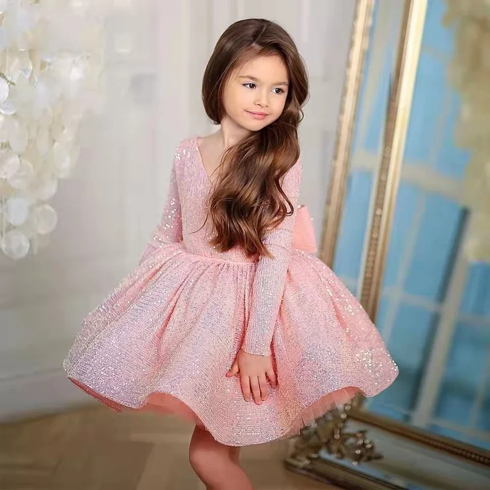 Gold Elegant Dresses For Girls 1T-14T Baby Lush Princess Girl Party Dress Luxury Puffy Birthday Sequin Dress For Children Girls