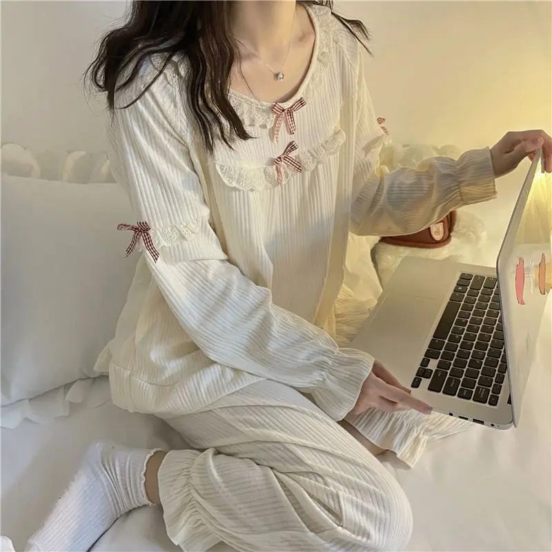 Rüschen Nachtwäsche Frauen Pyjama Sets Herbst Piiama feste Schleife Hosen Sets für Frauen 2 Stück Knopf koreanische Nacht trägt Home Anzug