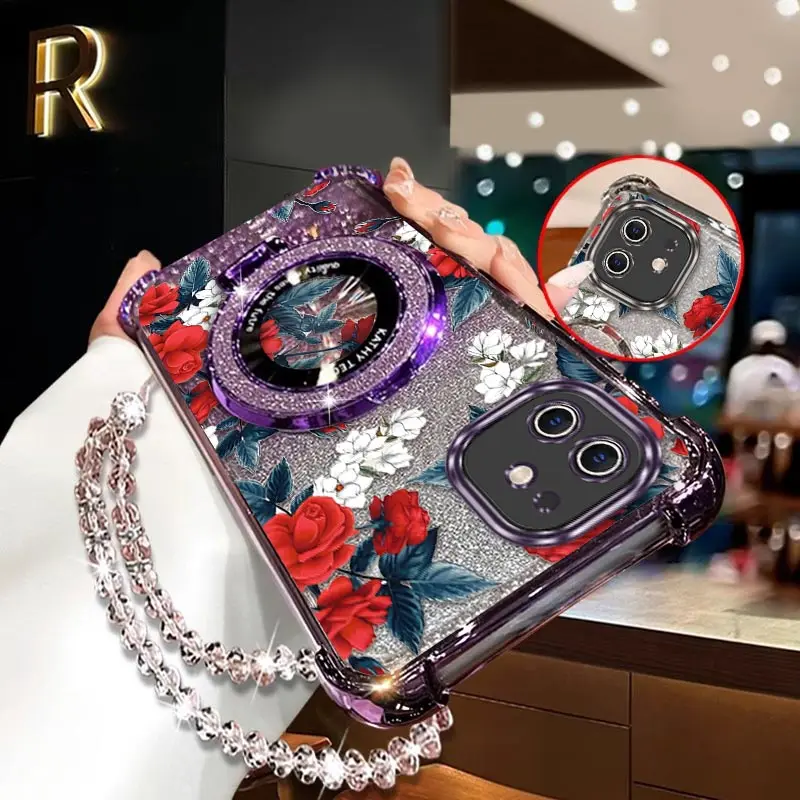 

A 16 Red flowers Plating Bracelet Holder Phone Case For OPPO A57S A97 A38 A60 A95 A54 A94 A74 A77S A78 A77 A72 A96 Cover