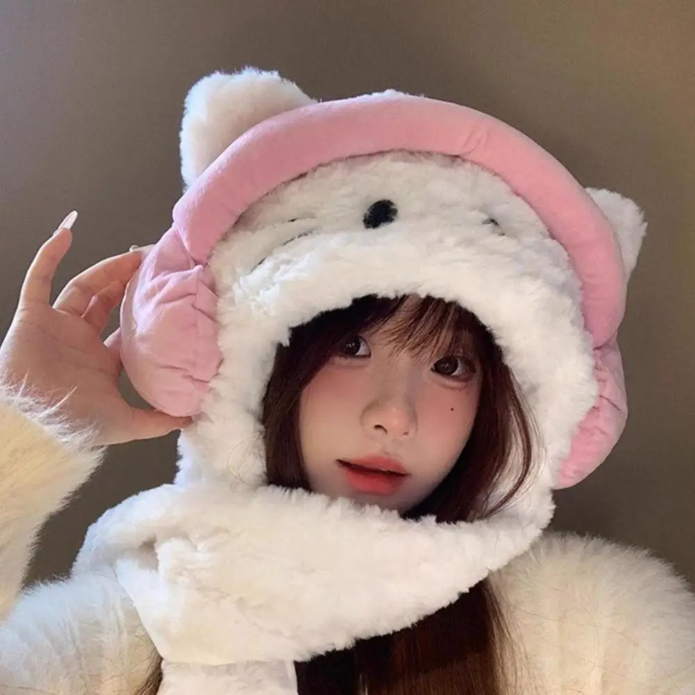 Adorable Cartoon 3 In 1 Caps Women's Fluffy Plush Warm Cat Ears Hooded Scarf Earflap Hat Gloves Mittens Cartoon Cat Warm Winter