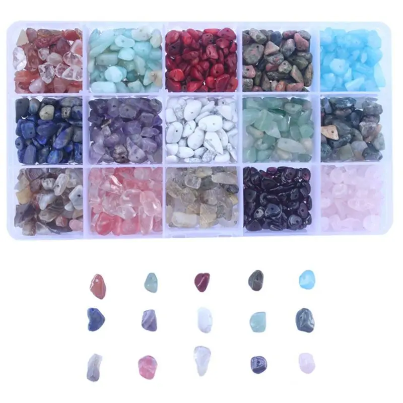 Assortiment perles pierres précieuses 15 couleurs, Kits puces naturelles forme irrégulière pour bricolage,