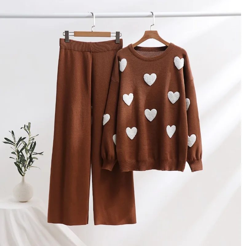 New Winter Thick Knitted Women\'s Tracksuit Collision Love Embroidery Long Sleeve Pullover Sweater + Wide Leg Pant 2 Piece Sets