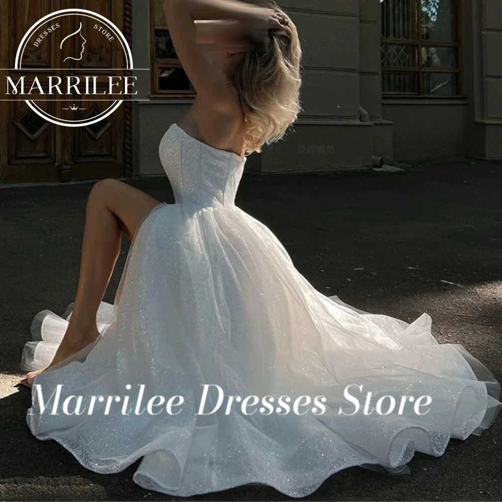 Marrilee Customized Sexy Sweetheart Strapless A-Line Sparkling Evening Dresses Side Slit Sleeveless Tea Length Back Prom Gown