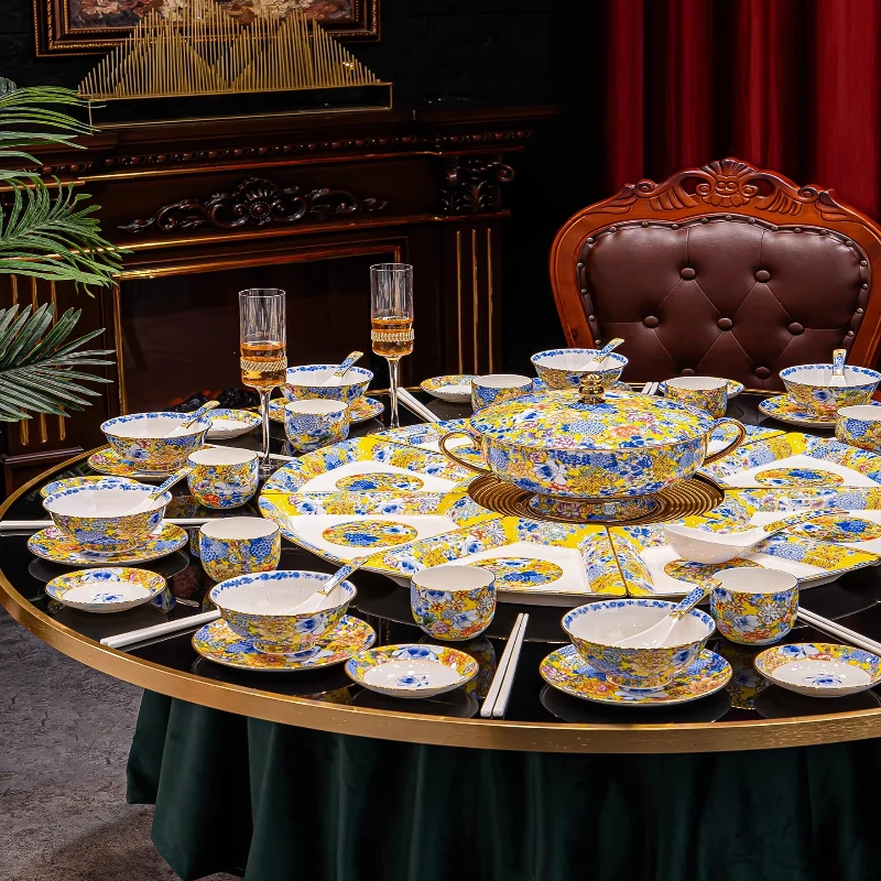 

Enamel color Chinese round table tableware fan tableware platter combination bowl set court style Wanhua housewarming gift