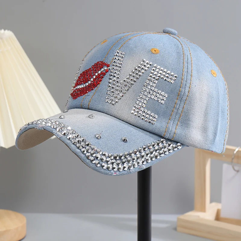 Baseball Cap for Women Sequins Rhinestone Droplets Casual Sports Cap Female Denim Cloth Adjustable Hat Sunshade Hip Hop