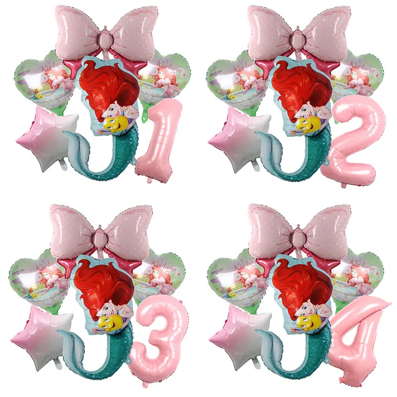 6pcs Mermaid Theme Balloons Pink Number Large Bow Foil Globo