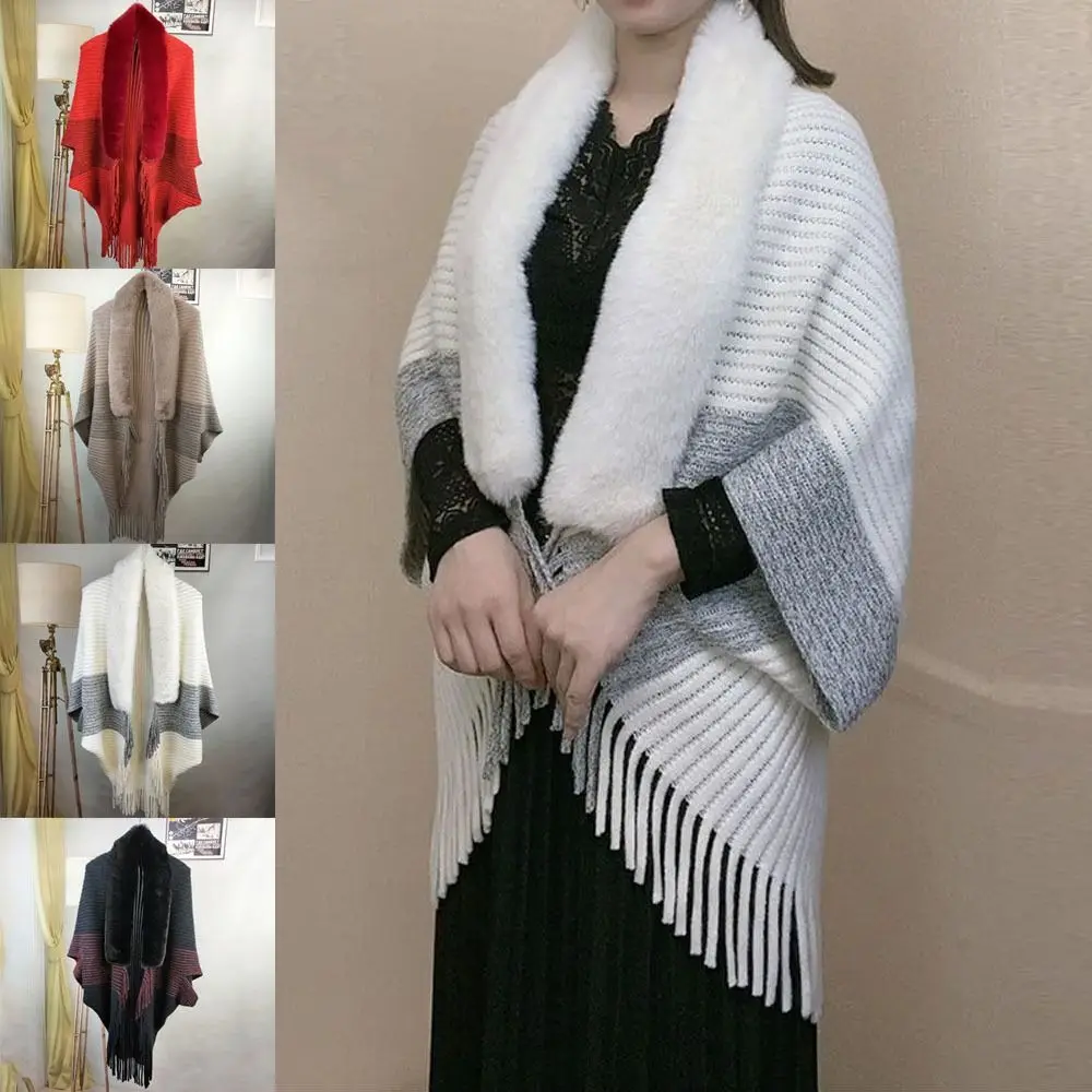 

Fashion Cardigan Cape Cloak Faux Fur Collar Winter Warm Plush Wraps Knitting Shawl