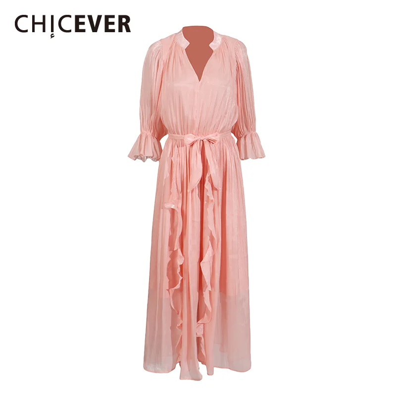 

CHICEVER Birthday Ceremony Long Dress with Lace Up for Women V Neck Long Sleeve High Waist Temperament Chic Dress Female Fashion