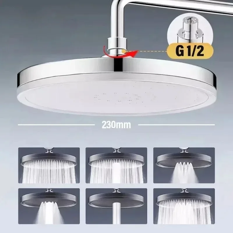 Big Panel Top Spray Rain 360° Swivel Showerhead New 6 Modes Adjustable Large Rainfall Shower Head High-Pressure Water Saving