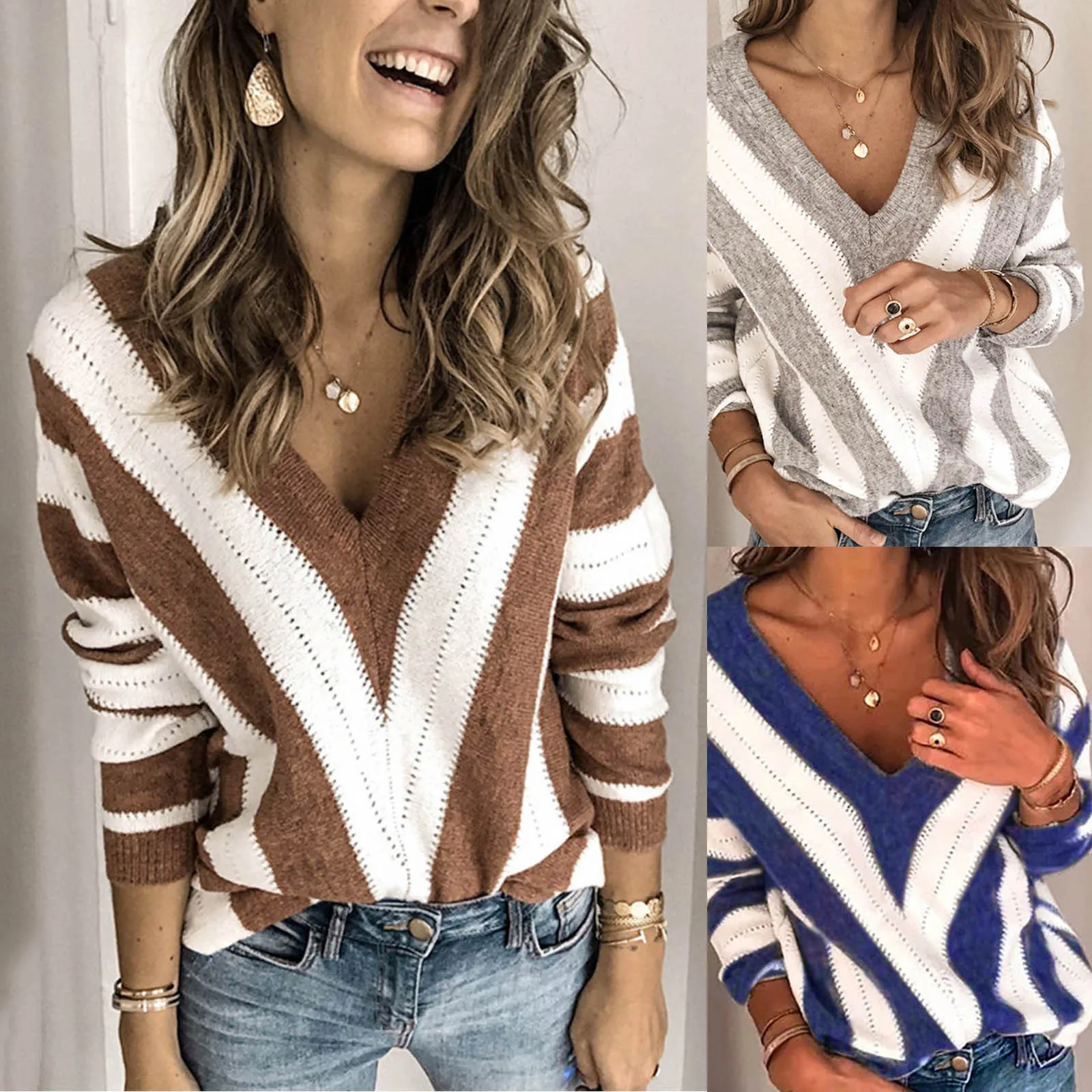 

Women's Autumn Winter Striped Long Sleeve V Neck Knit Sweater Ladies Casual Jumper Loose Pullover Tops Blouse 2024 New