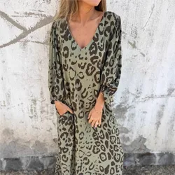 Vintage Leopard Print Loose Long Dresses Women 2025 Spring Elegant V Neck Pocket Maxi Dress Autumn Lantern Sleeve Holiday Dress