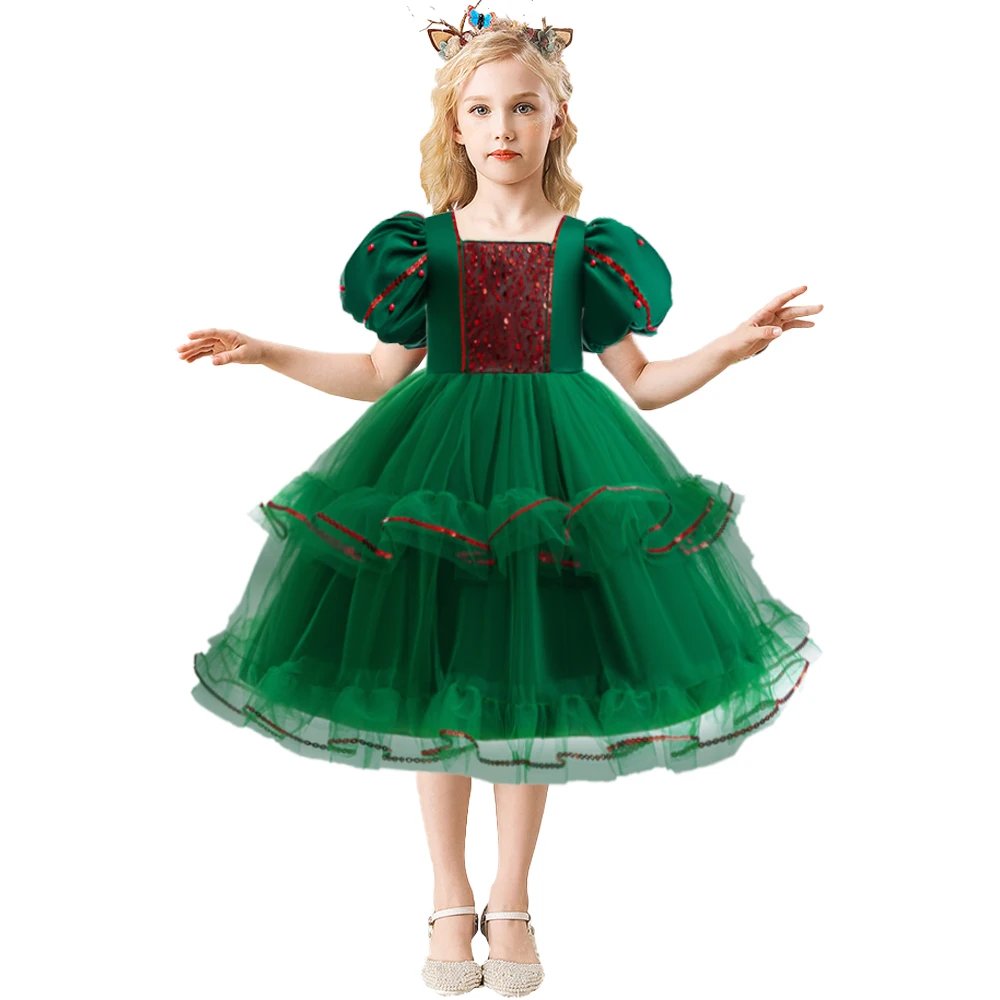 Fluffy Christmas Sequin Girls Party Dresses Short Sleeve Green Wedding Birthday Princess Dress for Girl Bridemaid Prom Costumes