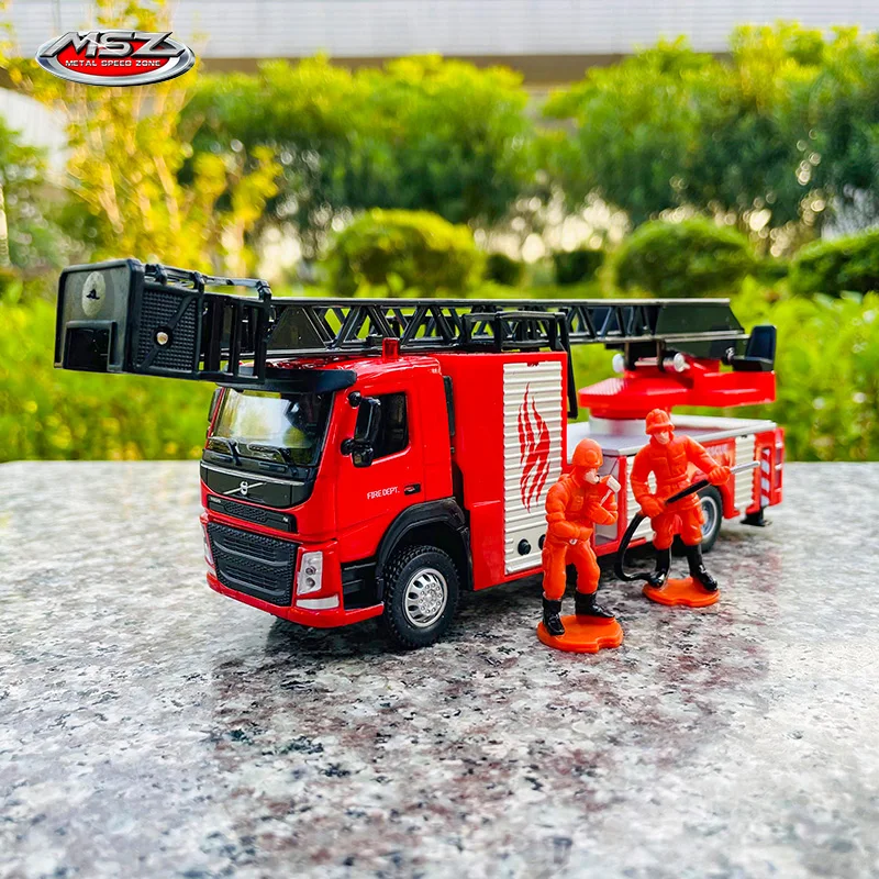 MSZ 1:50 Volvo Aerial Ladder Fire Truck model toy engineering car alloy children's gift collection gift with light pull back