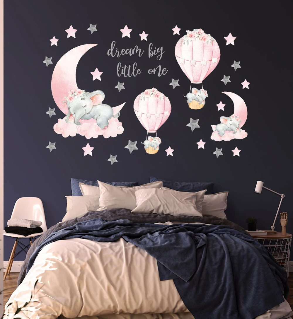 Dream Big Little One Elephant Moon Wall Sticker Baby Nursery Hot Air Balloon Stars Animal Wall Decal Bedroom Home Decor