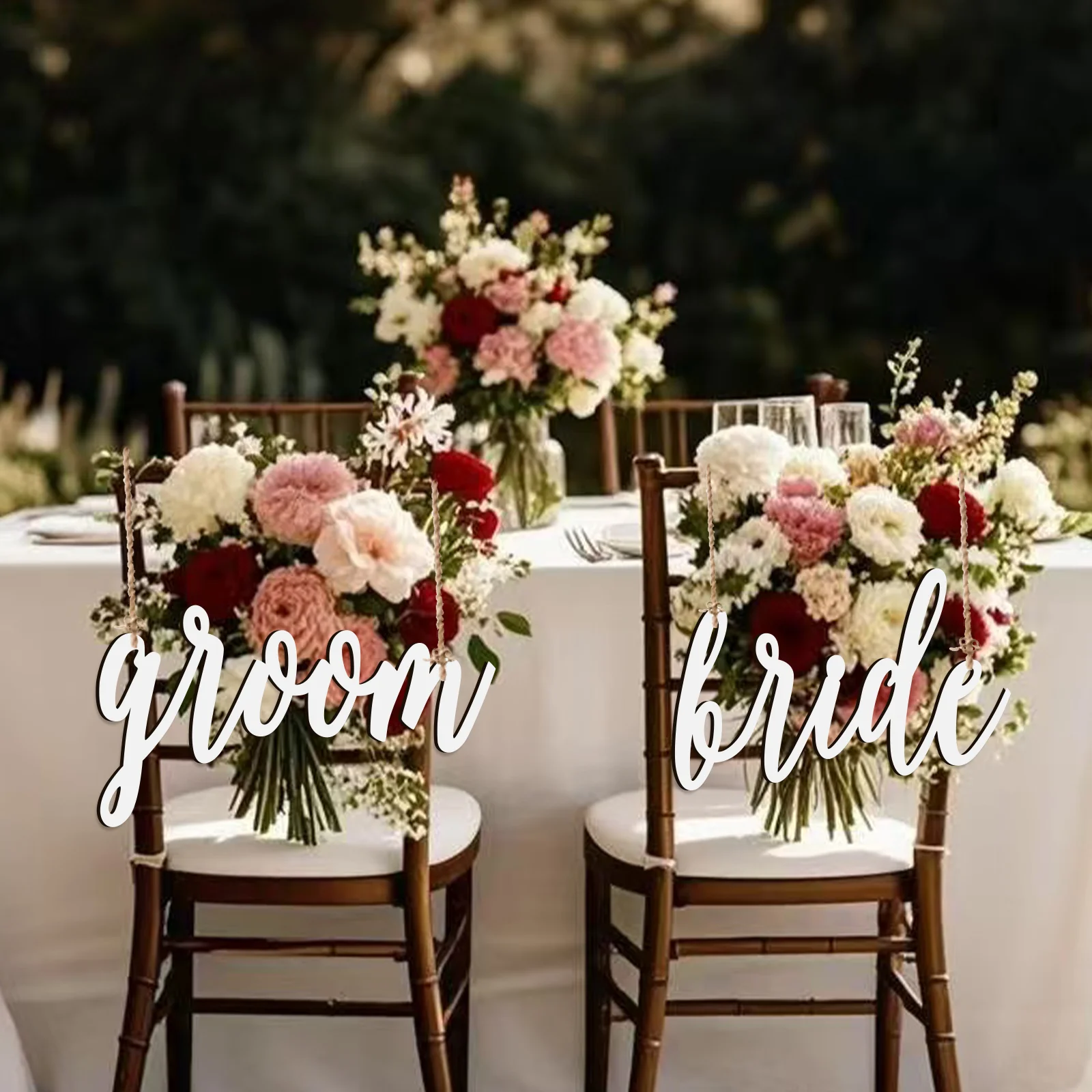 

Bride and Groom Chair Signs Set - White Wooden 15.24cm Height, Laser Cut Wedding Decor, 0.4cm Thickness with Ropes