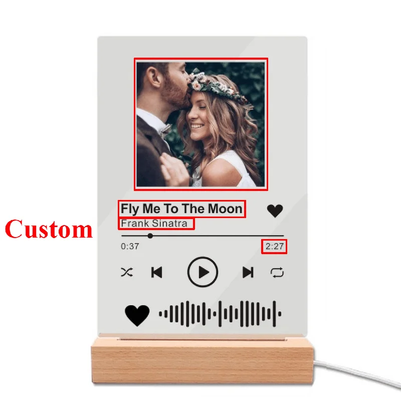 Personalized Song Photo Frame Night Light Customized Photo Text Lamp with Wooden Base 3D Acrylic Night Light for Wedding Decor