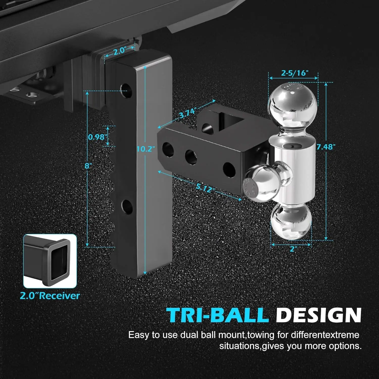 حامل كروي وصلة مقطورة قابل للتعديل، جهاز استقبال مناسب مقاس 2 بوصة، كرة ثلاثية (1-7/8 بوصة × 2 بوصة × 2-5/16 بوصة)، قطرة/ارتفاع 8 بوصة، 12500 GTW، شب عالي التحمل