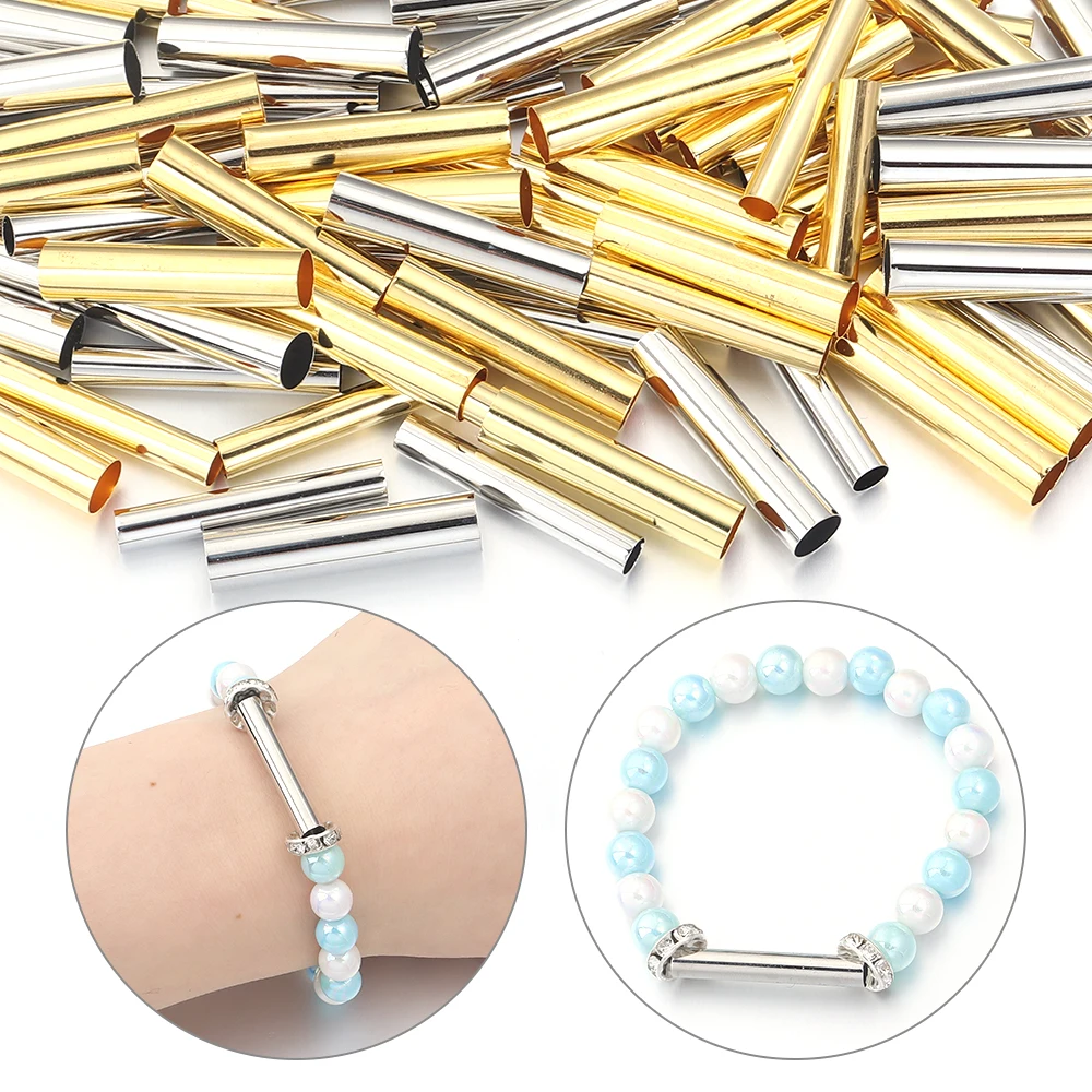 

50-100Pcs Metal Brass Long Tube Beads Cylinder Smooth Straight Tube Beads Fit 4/6mm Leather Cord DIY Handmade Bracelet Accessory