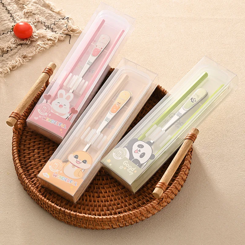 

Stainless Steel Cutlery Set Cute Cartoon Animal Pattern Handle Portable Spoon Chopstick with Box Travel Student Dinnerware Set