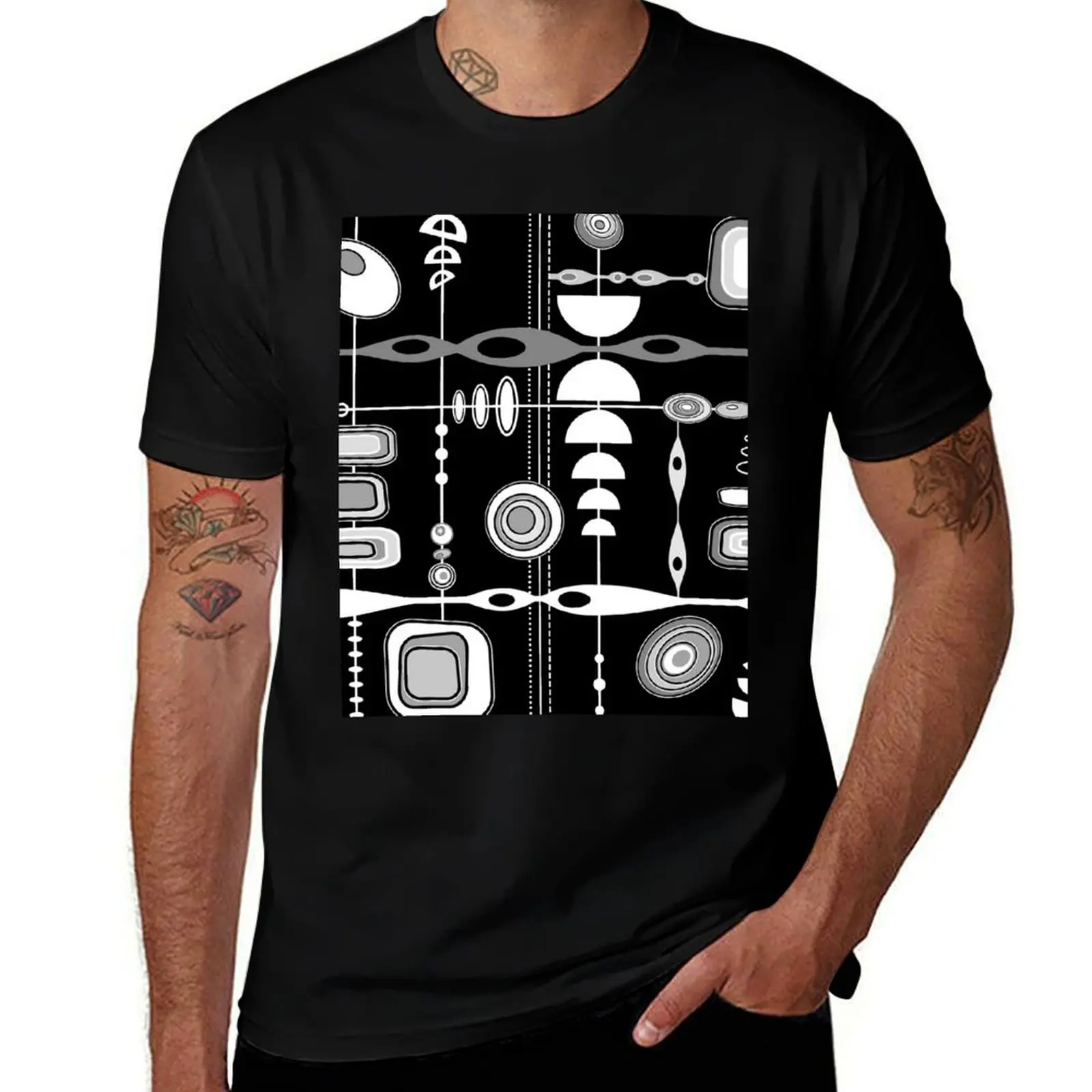 Black White Mid Century Modern Geometric Print - Gray T-Shirt anime figures anime clothes T-shirts for men cotton