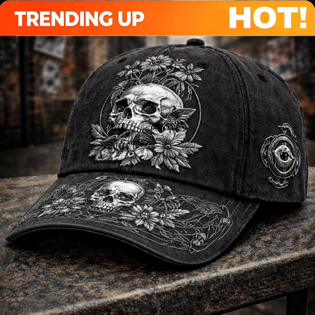 Customization Men'S And Women'S Gothic Baseball Cap With Skull And Botanical Print - Adjustable Vintage Washed Retro Streetwear