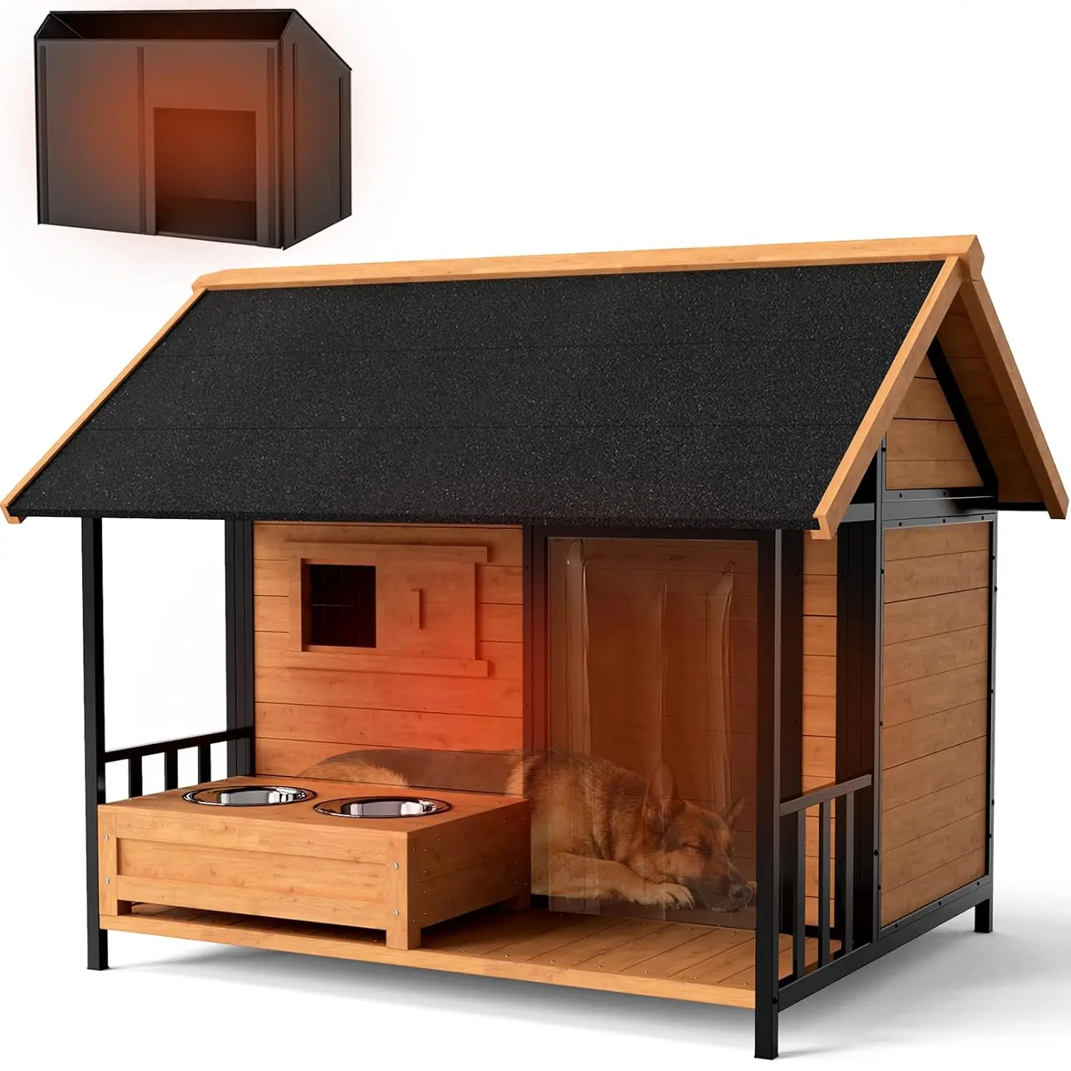 

Dog House with Insulated Liner and Dog Bowls Stand, Large Heated Outdoor Dog Kennel Keep Warm in Winter, Easy to, Customized