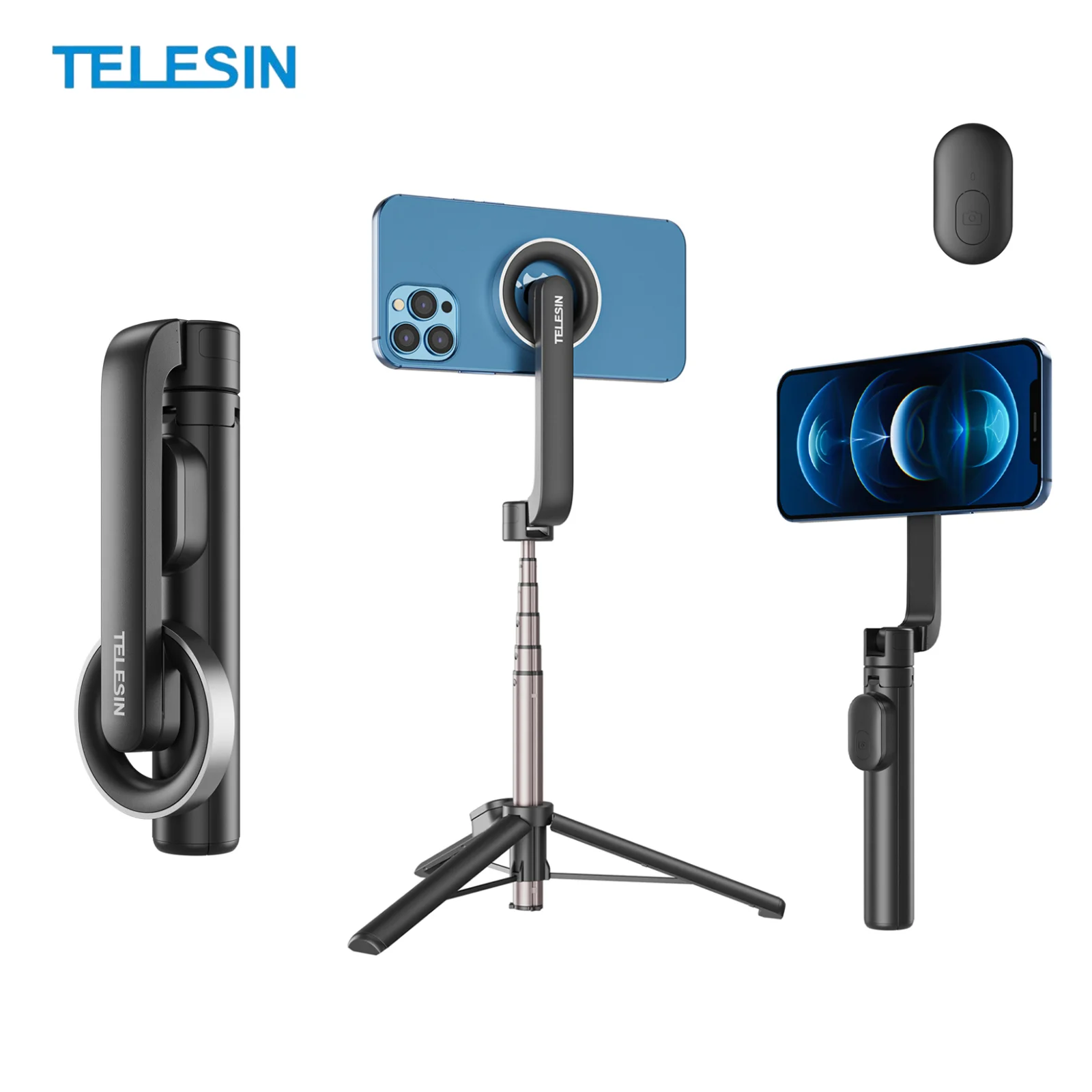 TELESIN Magnetic Mini Selfie Stick Tripod with Remote Control for iPhone Android Stable Aluminum alloy Smartphone Holder Stand